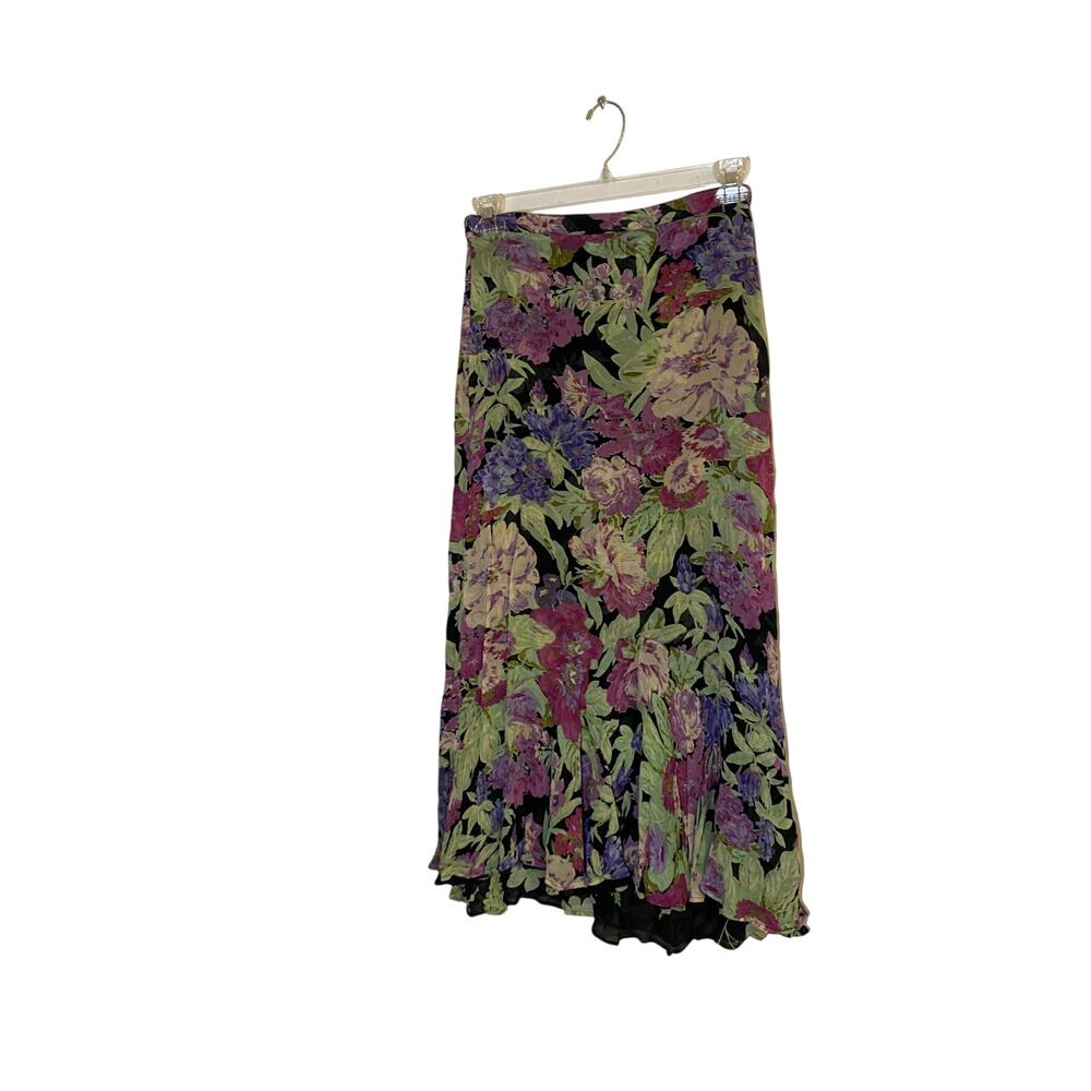 J204 Arizona Womens M Black Floral Maxi Skirt Purple Green Rayon Flowy - Picture 2 of 7